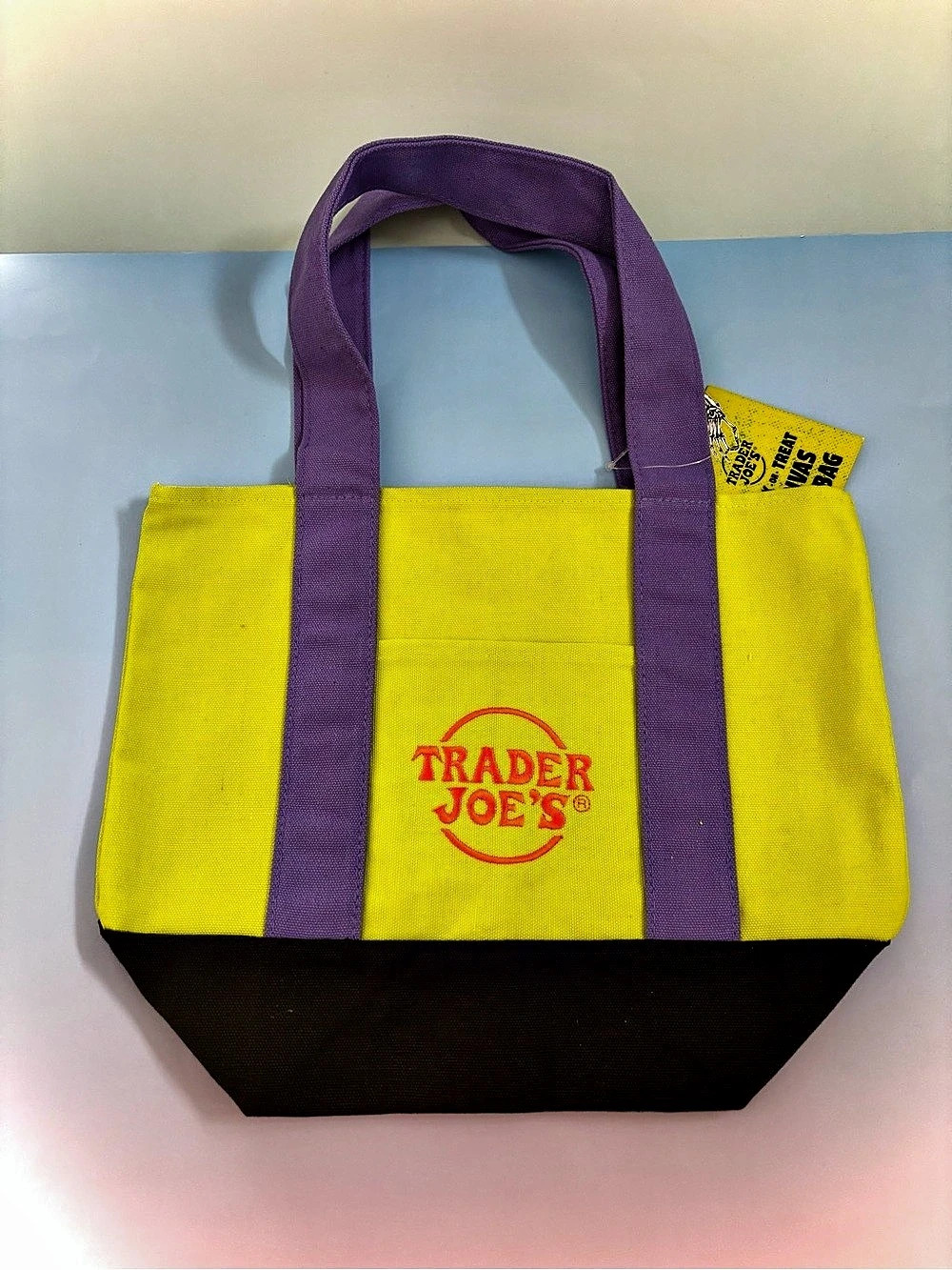 Trader Joe's Trick-or-Treat Mini Canvas Tote Bag Yellow & Purple